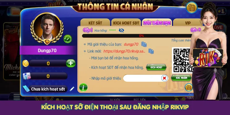 Kích hoạt số điện thoại sau đăng nhập Rikvip